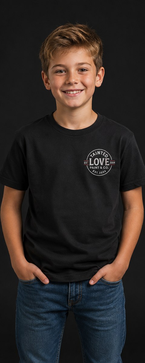 Kids black Tainted Love Paint and Co. tee, chest badge logo
