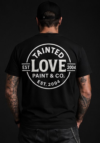 Black Tainted Love Paint and Co. shop tee, full back logo