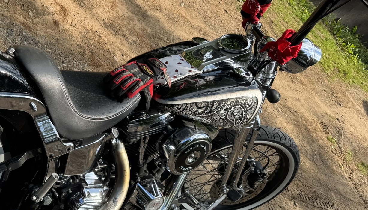 Paisley pattern and portrait airbrushed in silver leaf on a motorcycle tank, night shot with chrome springer front end